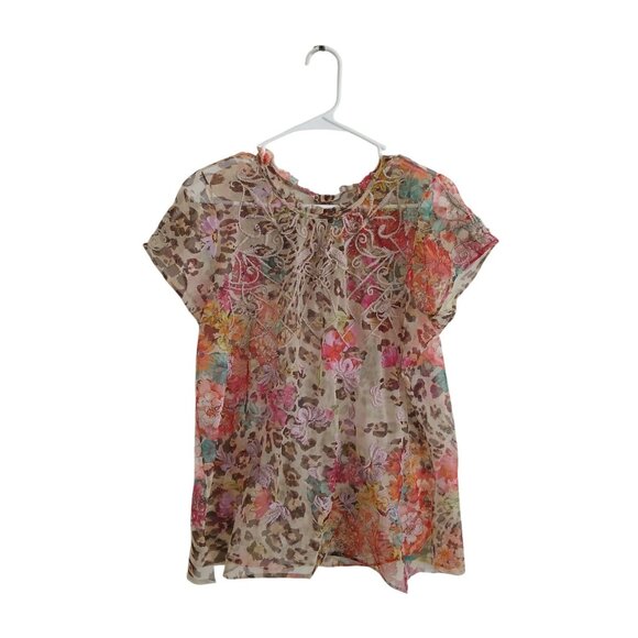 Johnny Was Womens L Boho Floral Sheer Embroidered Multicolor Short Sleeve Blouse - Picture 1 of 7